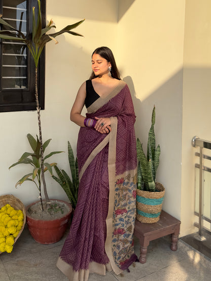 Purple Plum Magic Handloom Bandhej Kalamkari Saree