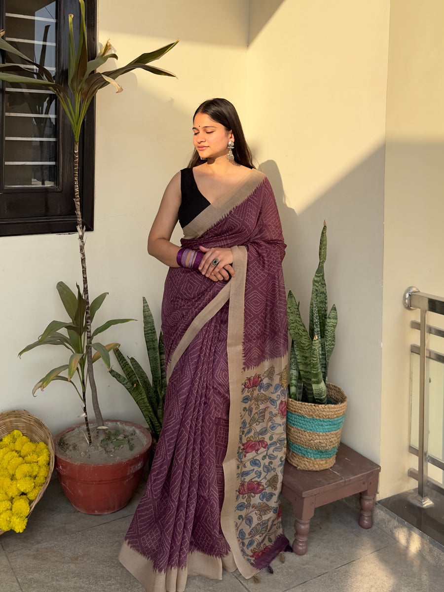 Purple Plum Magic Handloom Bandhej Kalamkari Saree