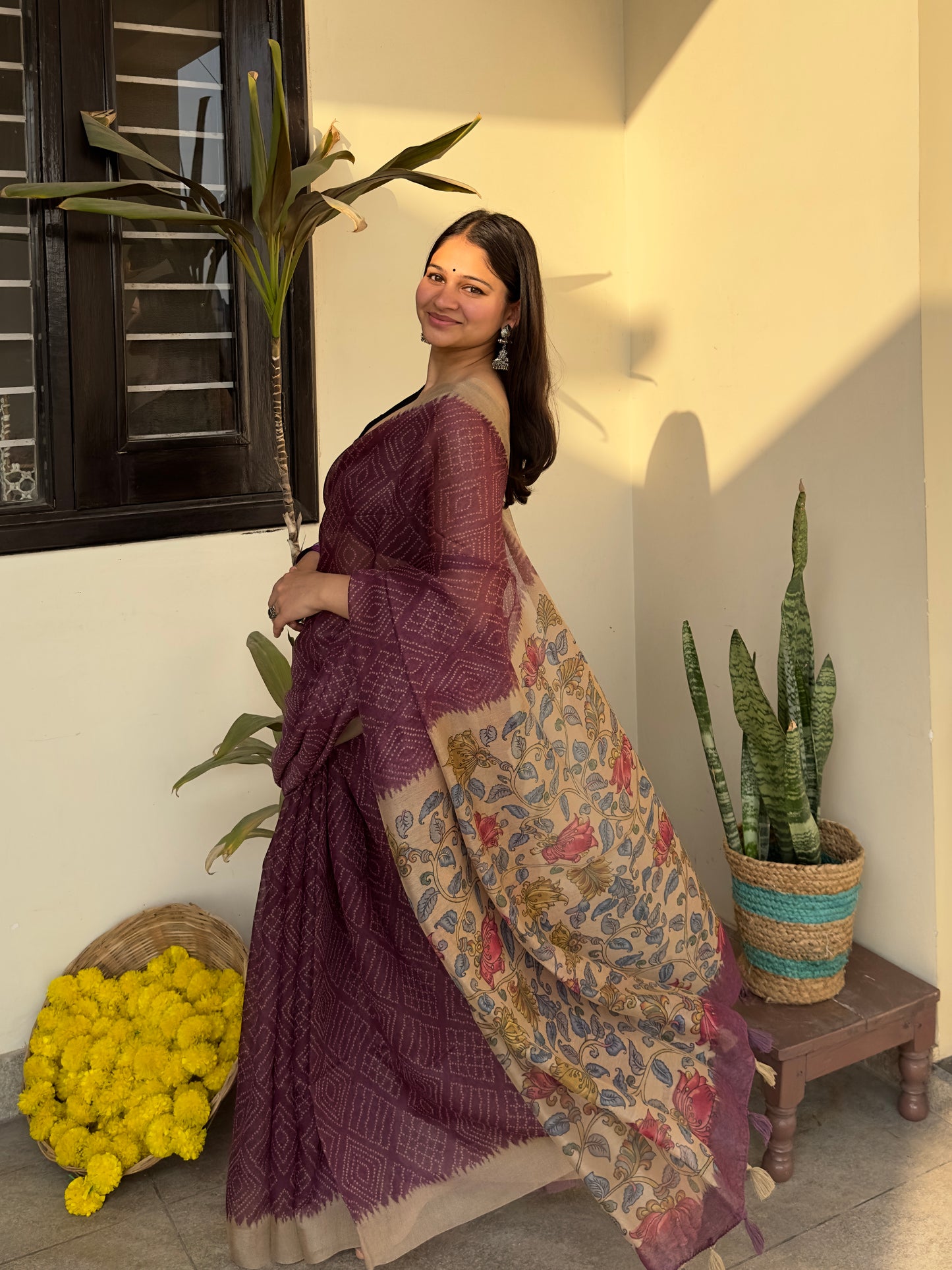 Purple Plum Magic Handloom Bandhej Kalamkari Saree