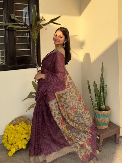 Purple Plum Magic Handloom Bandhej Kalamkari Saree