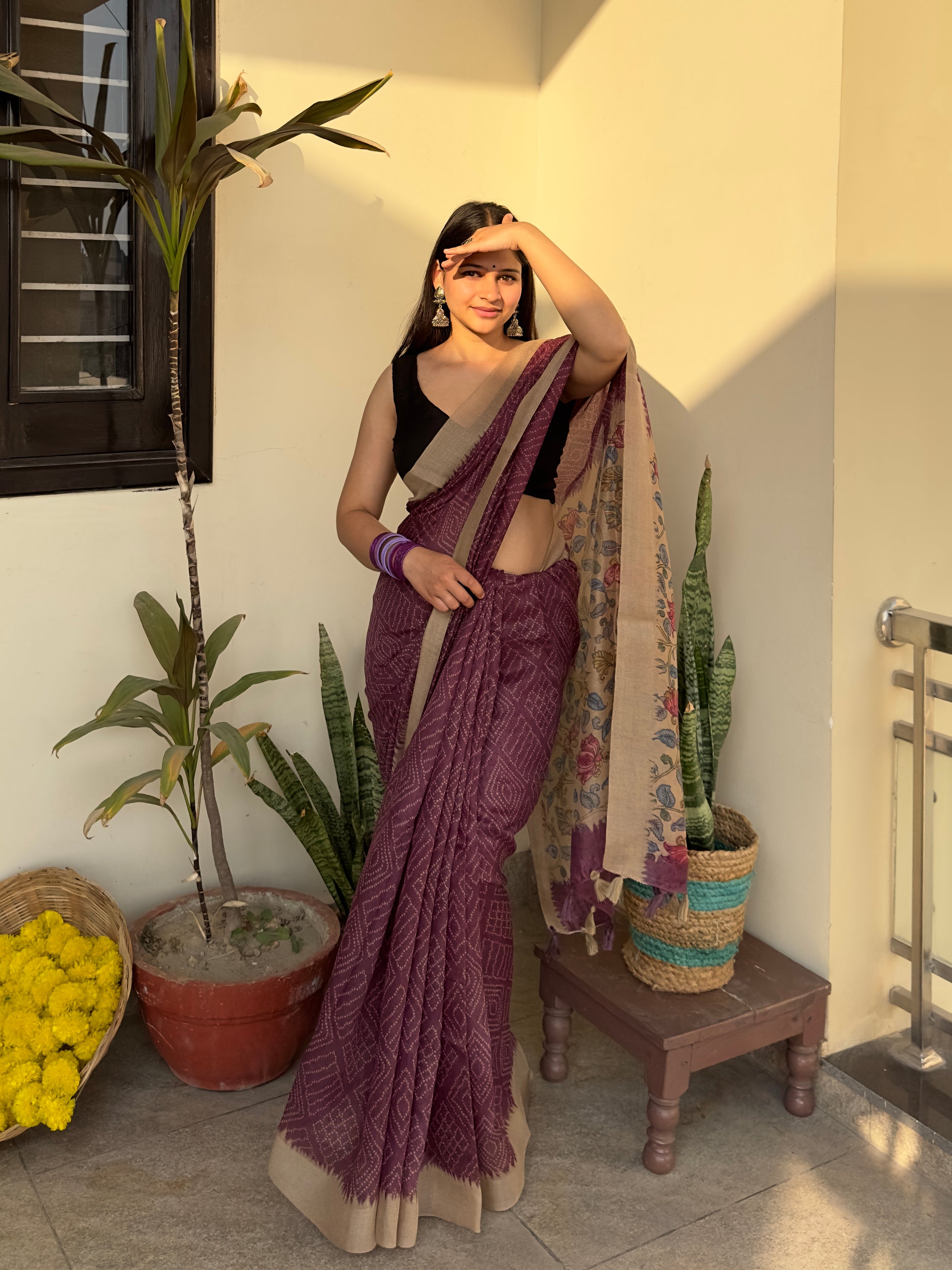 Purple Plum Magic Handloom Bandhej Kalamkari Saree