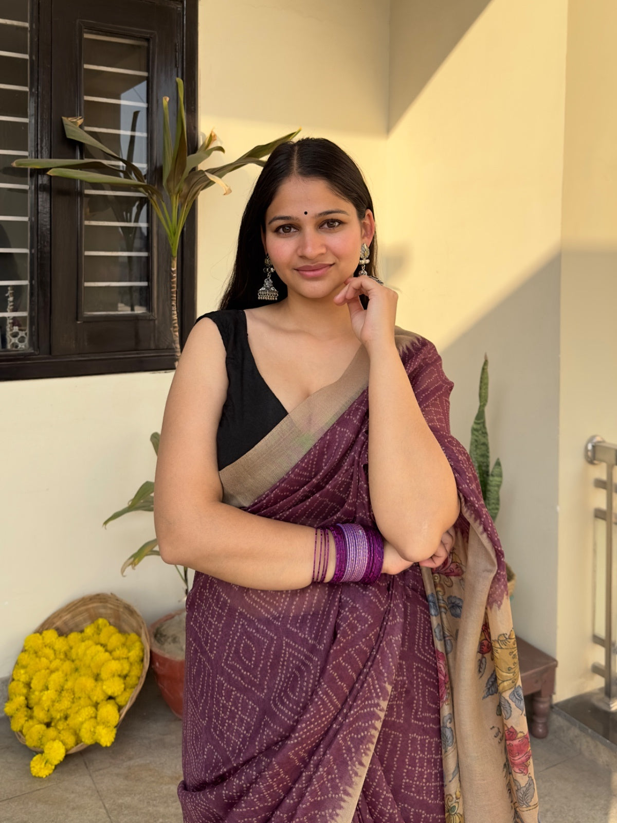 Purple Plum Magic Handloom Bandhej Kalamkari Saree