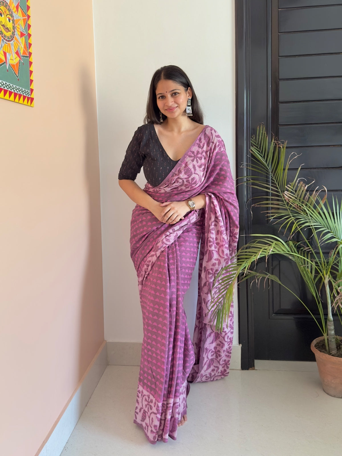 Purple dabu print saree