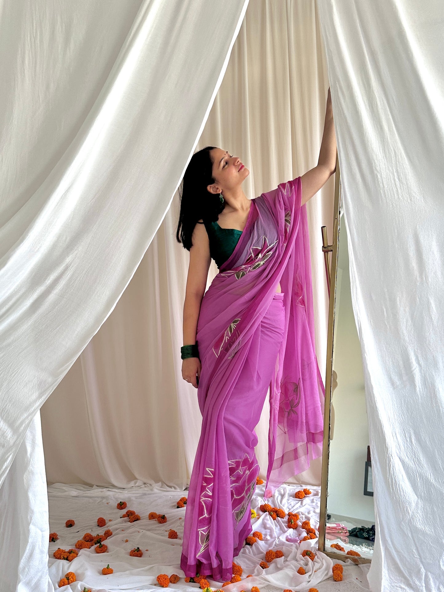 Purple & green saree combination