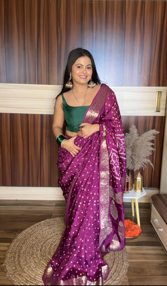 Purple pure bandhej saree