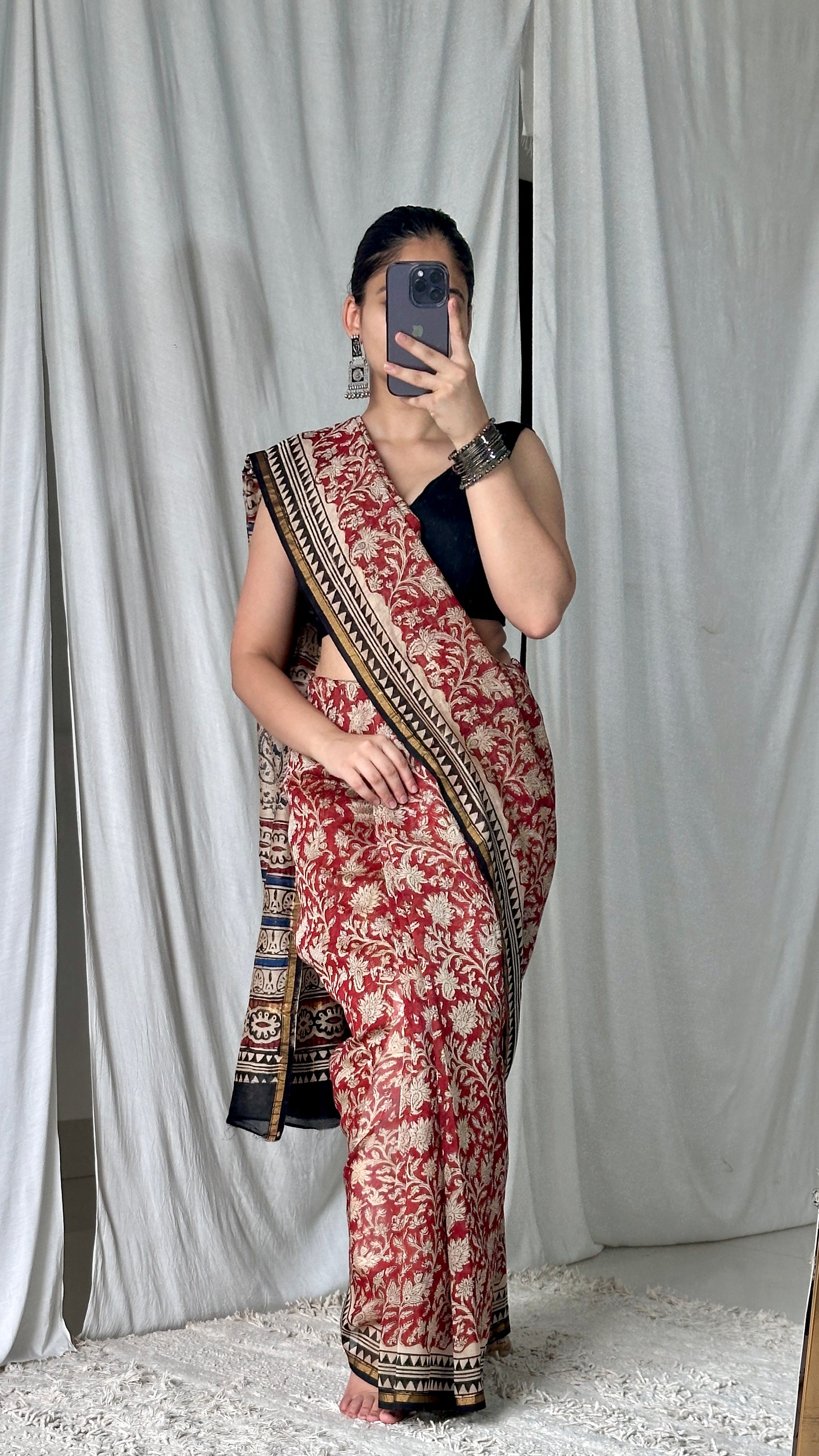 Red saree contrast blouse