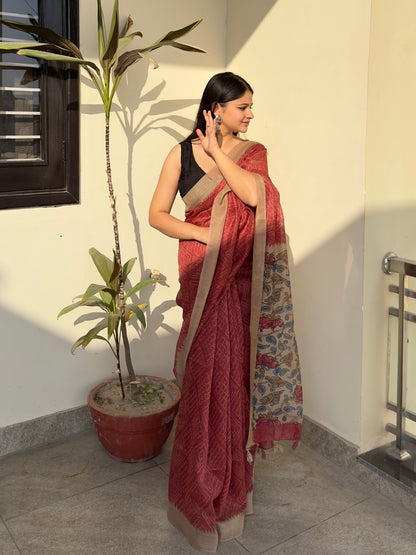 Red Bandhej Kalamkari Saree