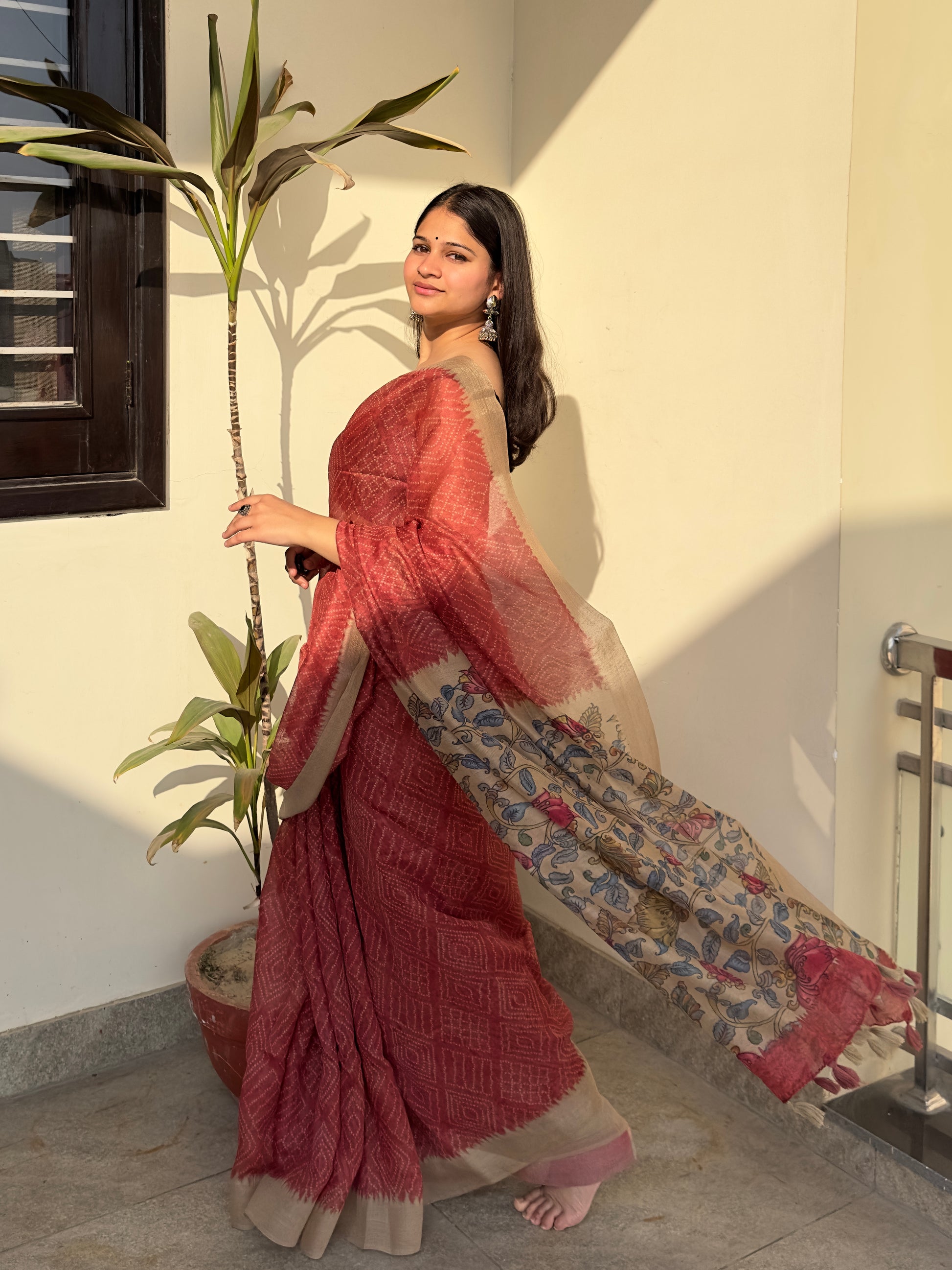 Red Bandhej Kalamkari Saree