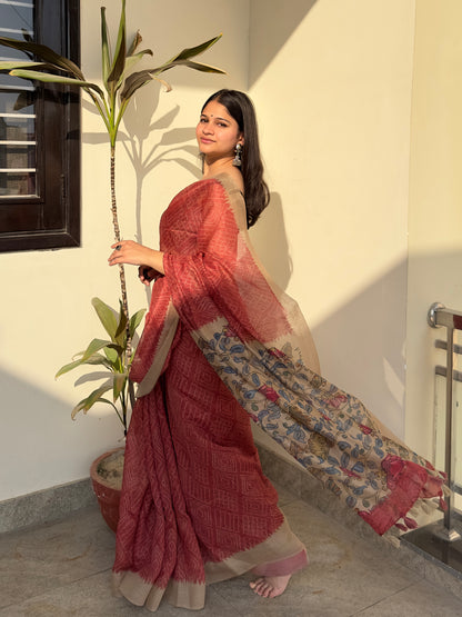 Red Bandhej Kalamkari Saree