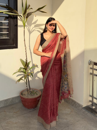 Red Bandhej Kalamkari Saree