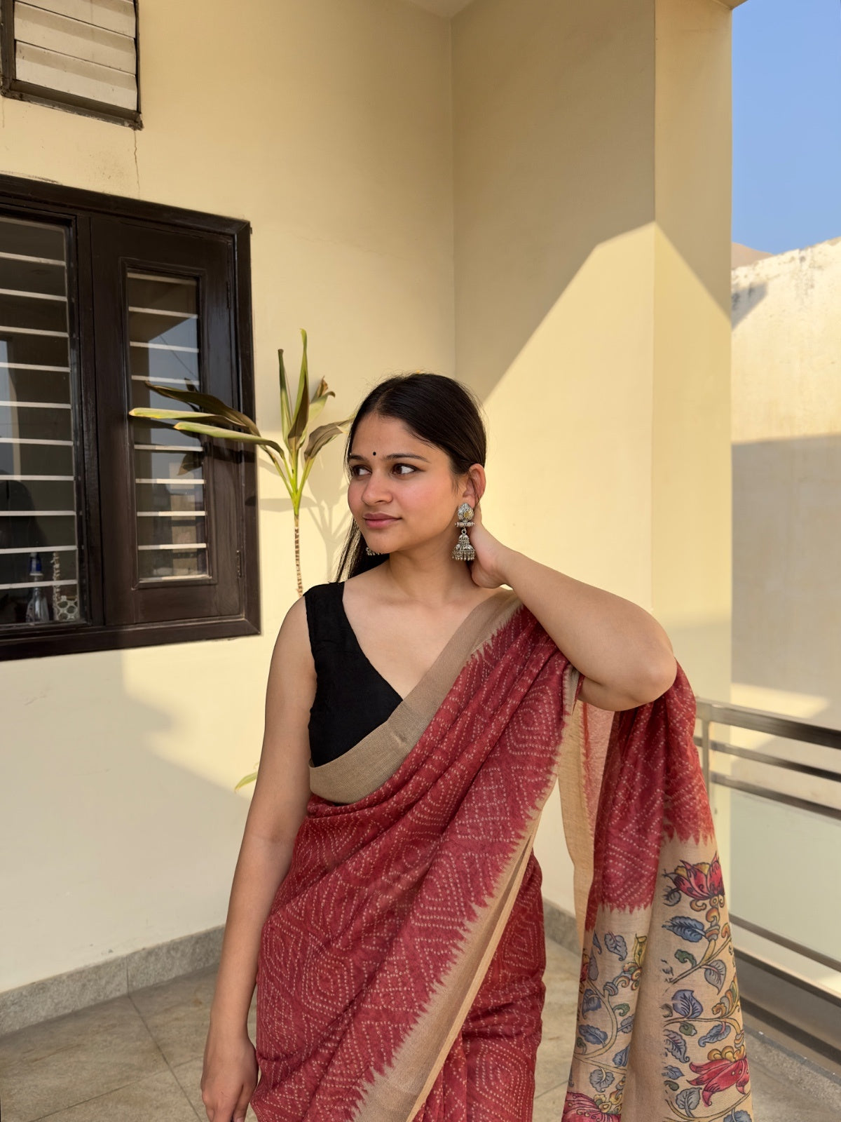 Red Bandhej Kalamkari Saree
