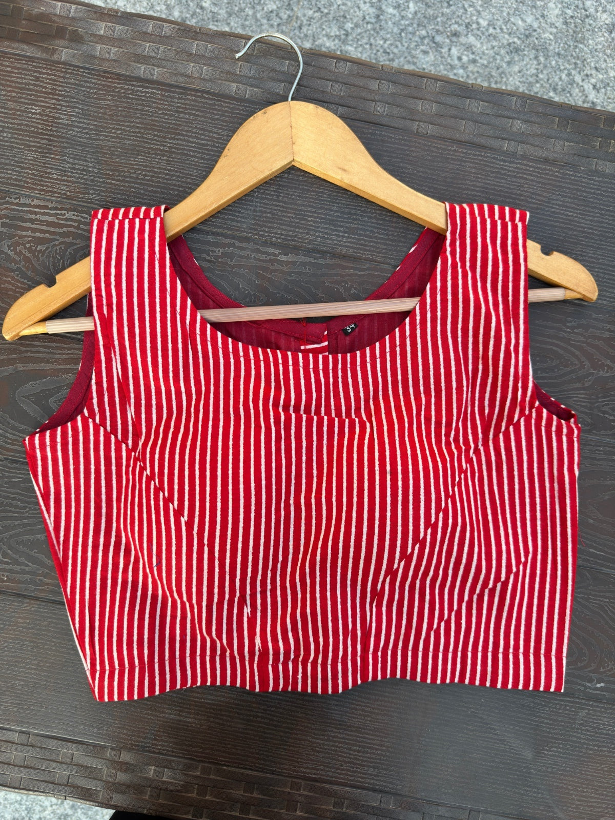 Red White Striped Sleeveless Blouse Keyhole Back