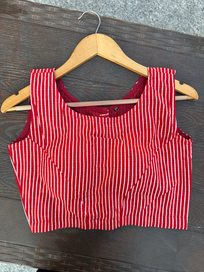 Red White Striped Sleeveless Blouse Keyhole Back