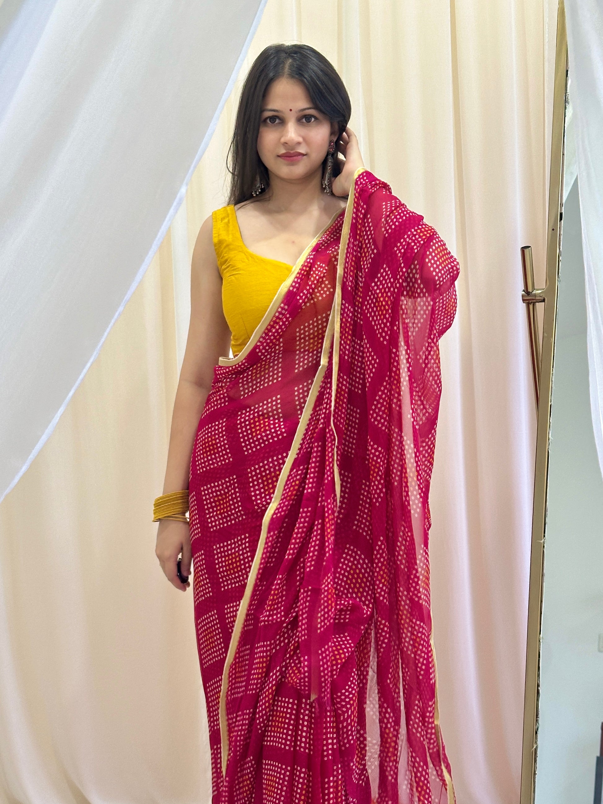 Red bandhej saree in chiffon