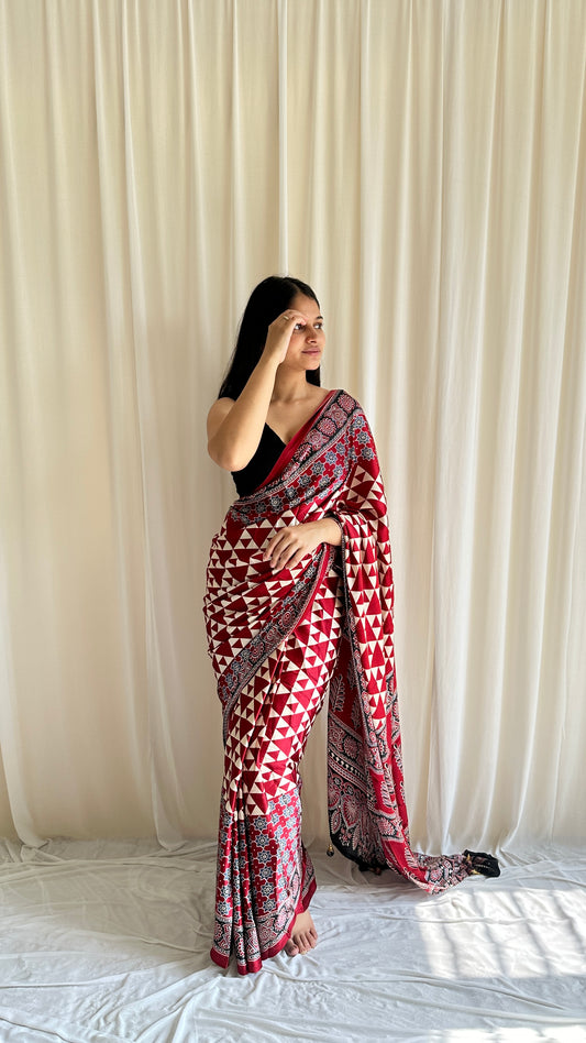 Red geometric saree