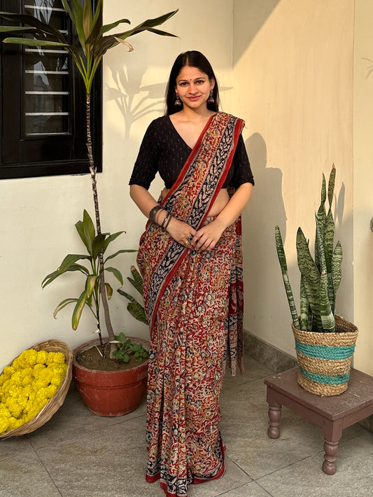 Red pure ajrakh saree