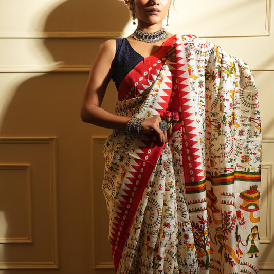 Temple print red & white saree