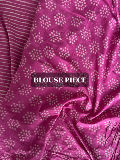 Traditional Dabu hand printed pink striped saree