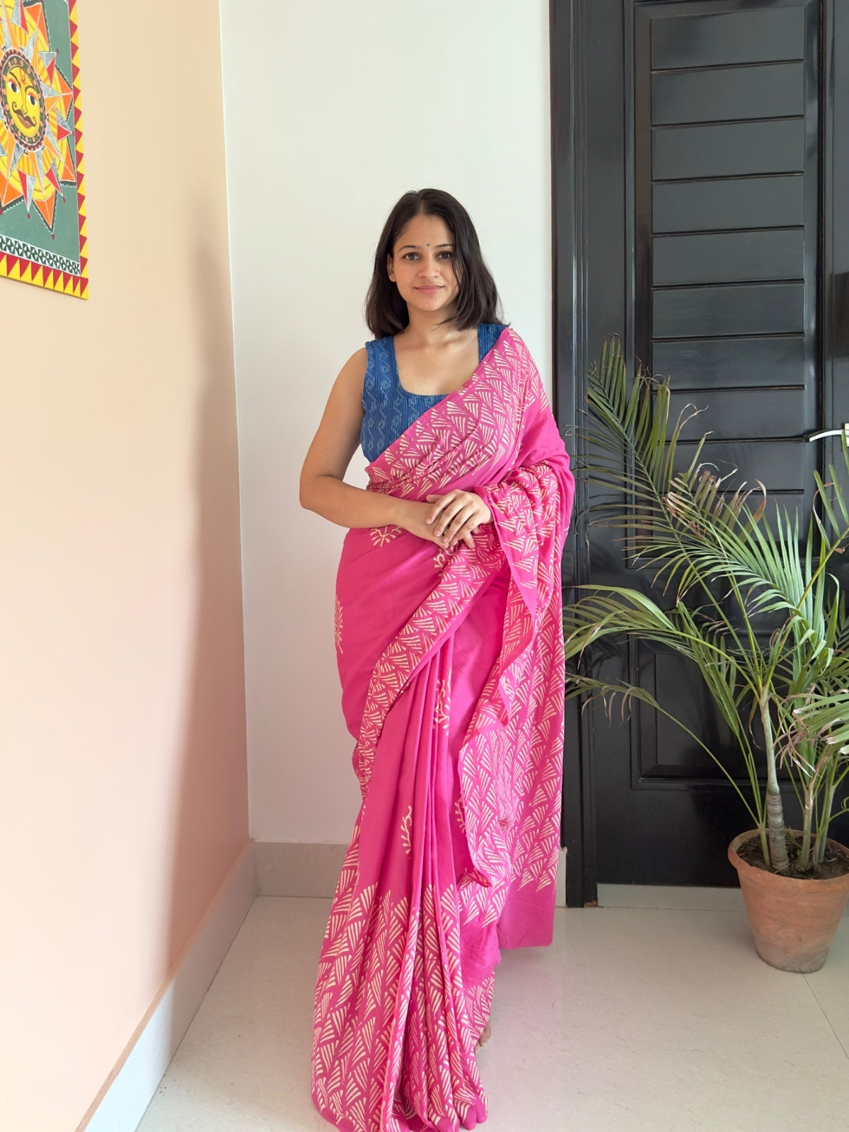 Traditional Rajasthani hand block printed pink floral saree