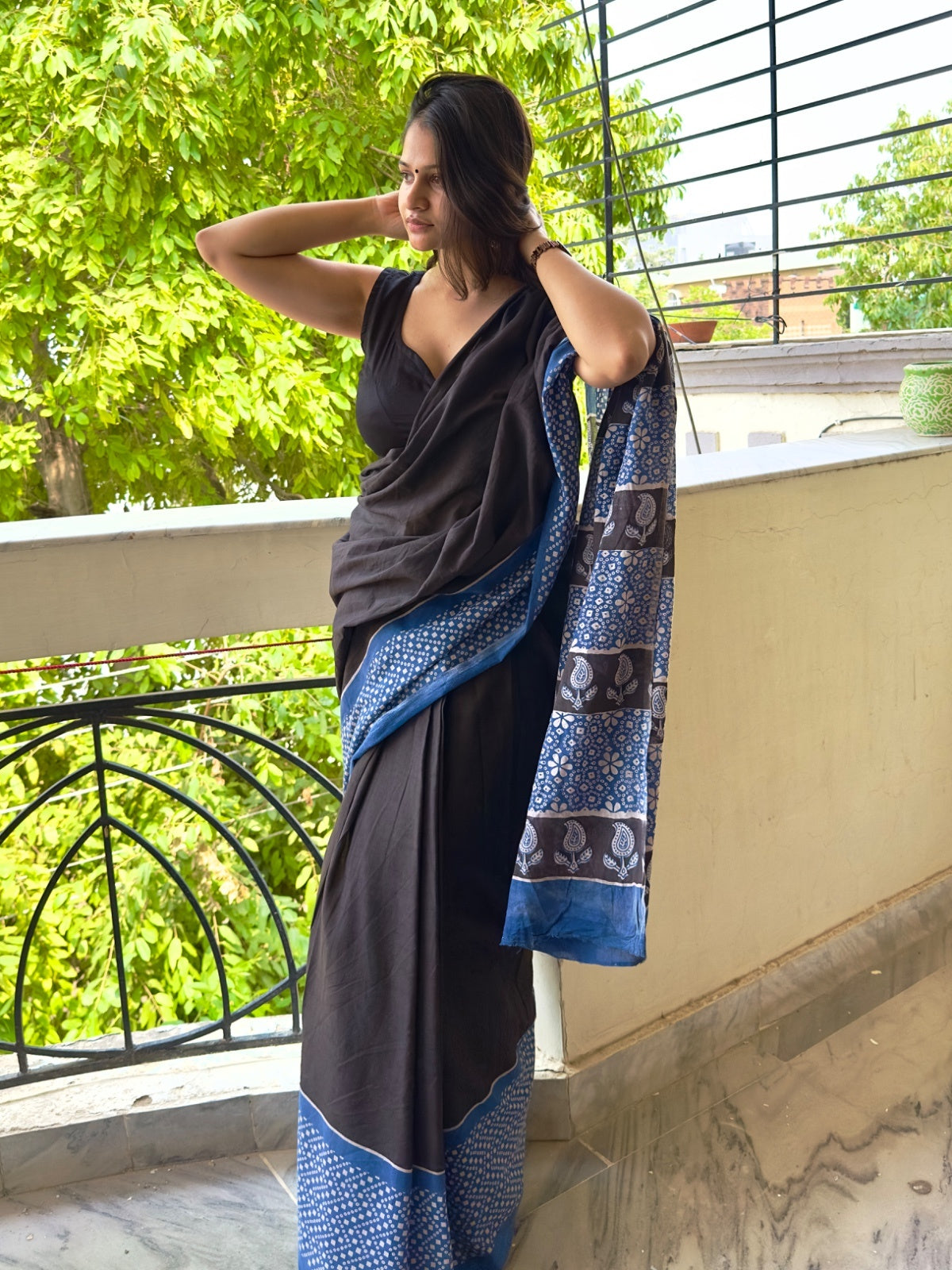 Traditional block print cotton saree in black and blue