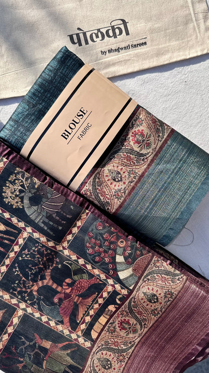 Vintage print blue cotton saree