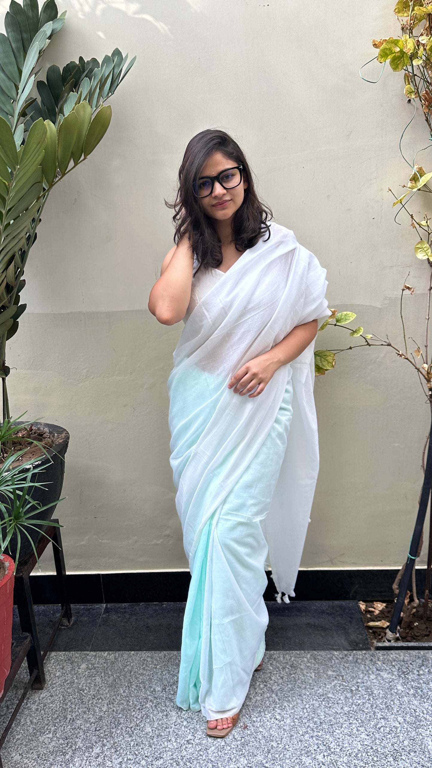 White and green half saree