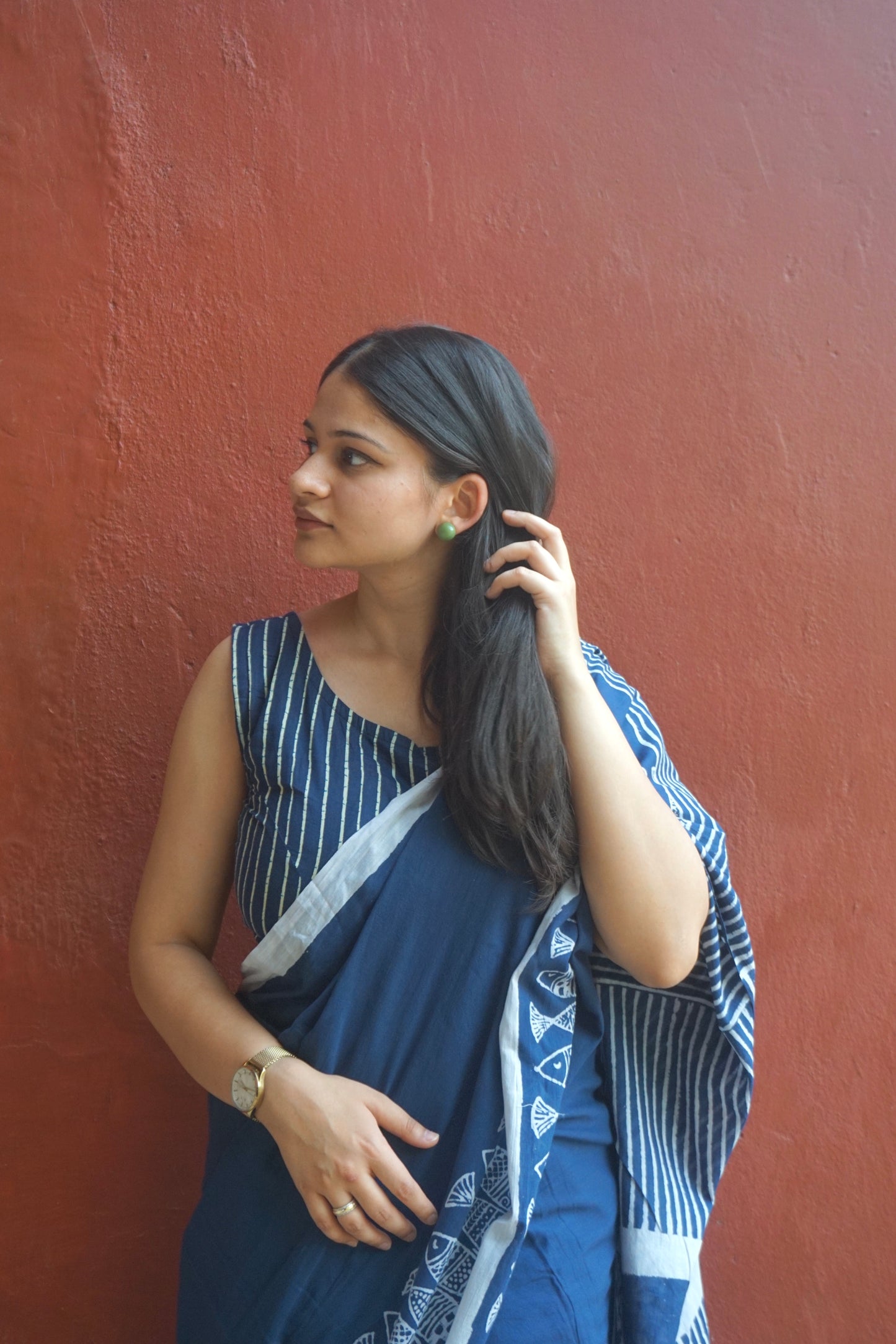 White & blue cotton saree