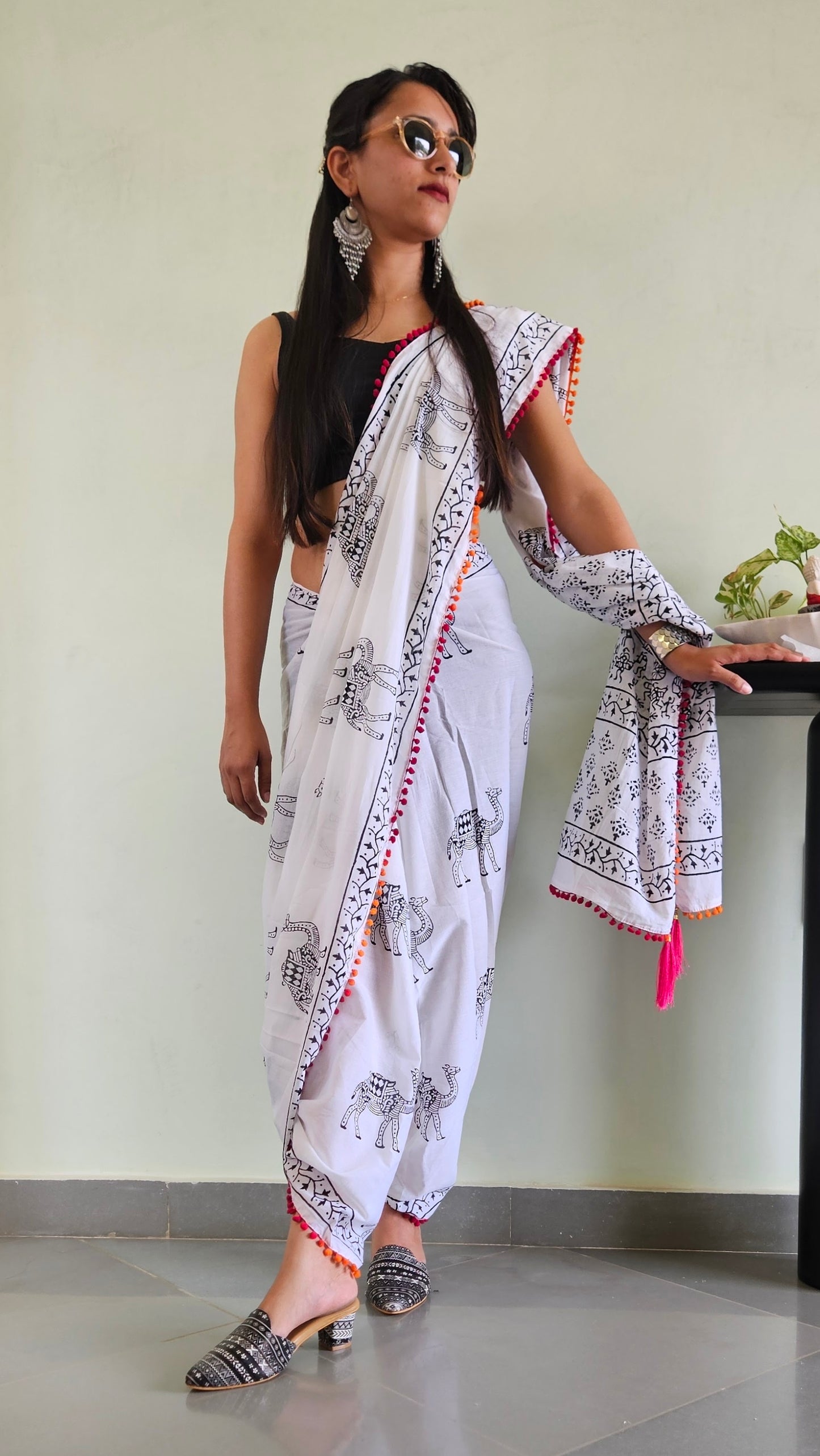 White camel print saree