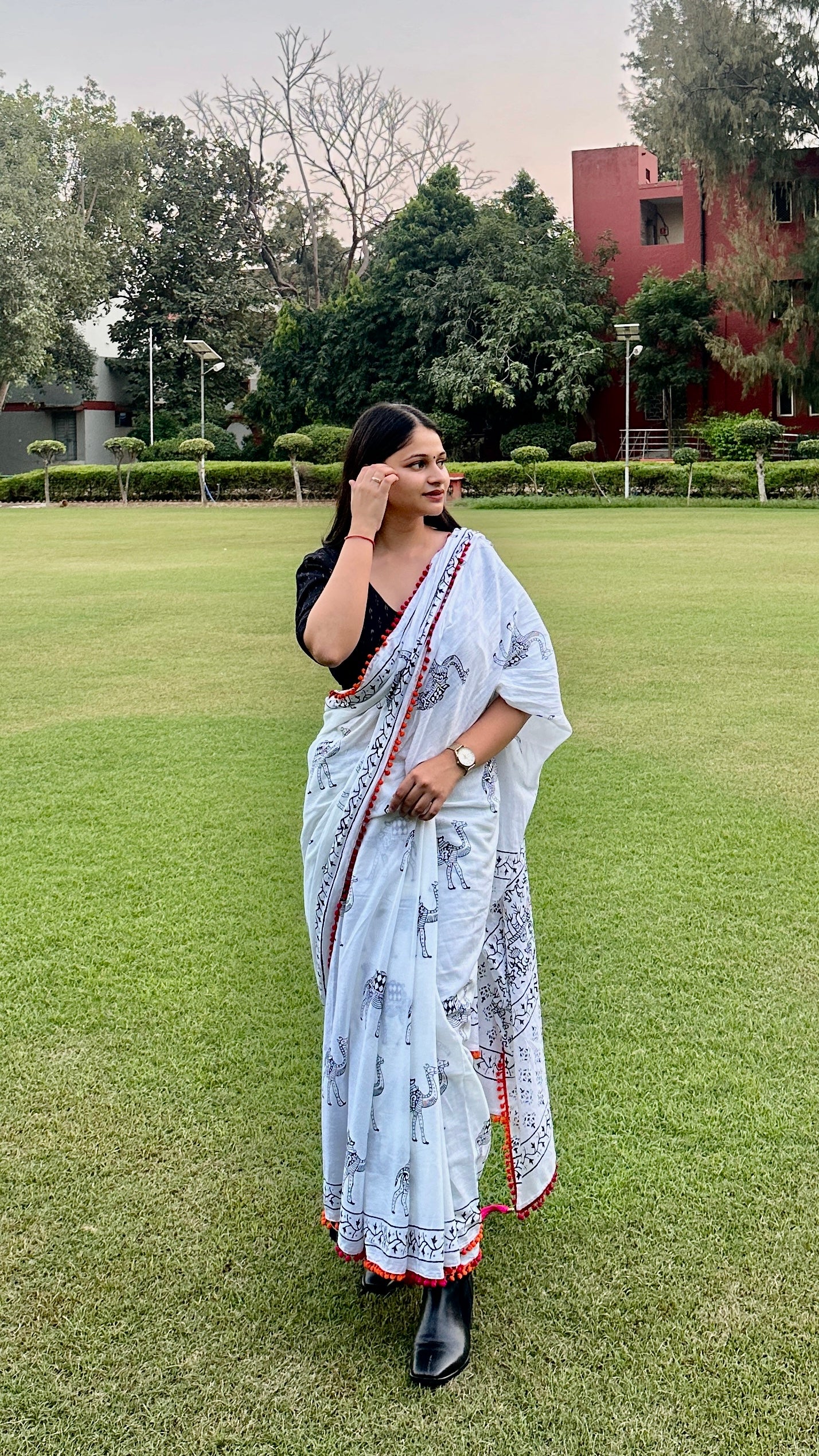 White printed cotton saree 