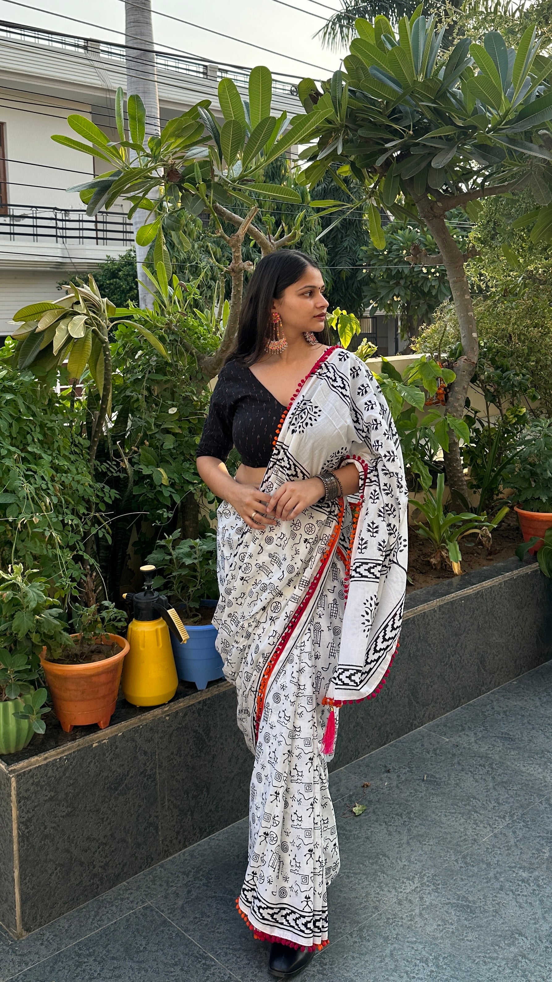 White saree with black block print 