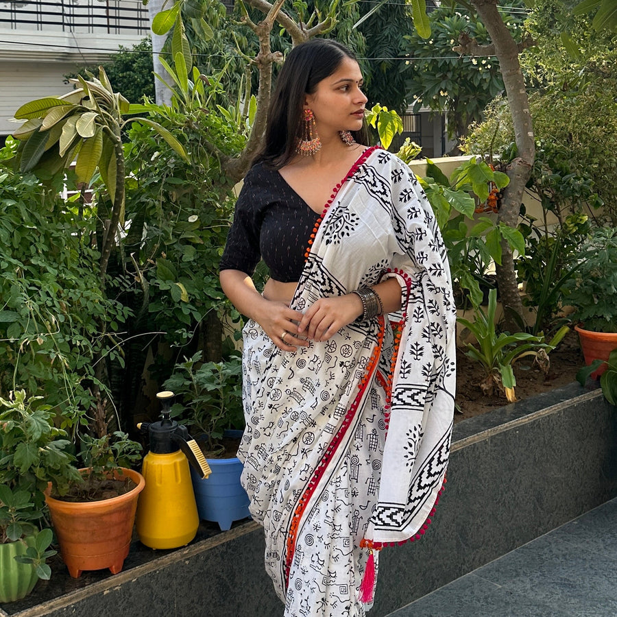 White saree with black block print 
