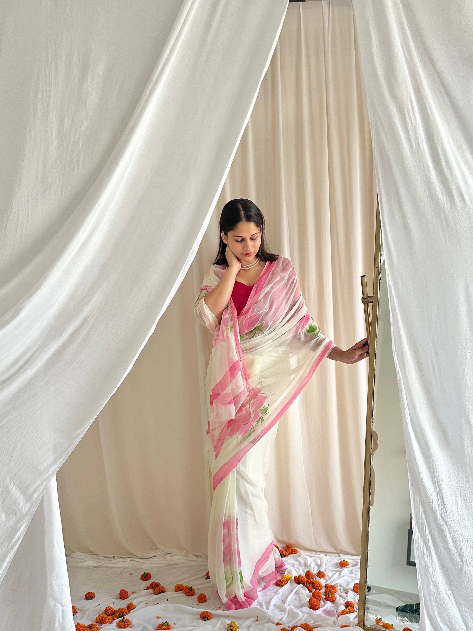 White saree with pink flowers 