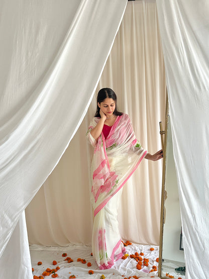 White saree with pink flowers 