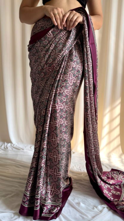 Wine colour ajrakh print saree