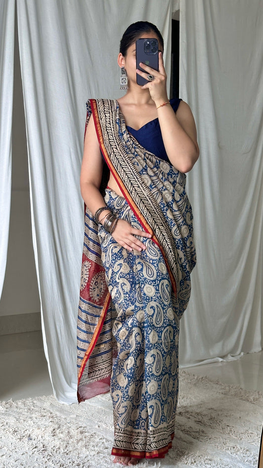 Woodblock print blue saree