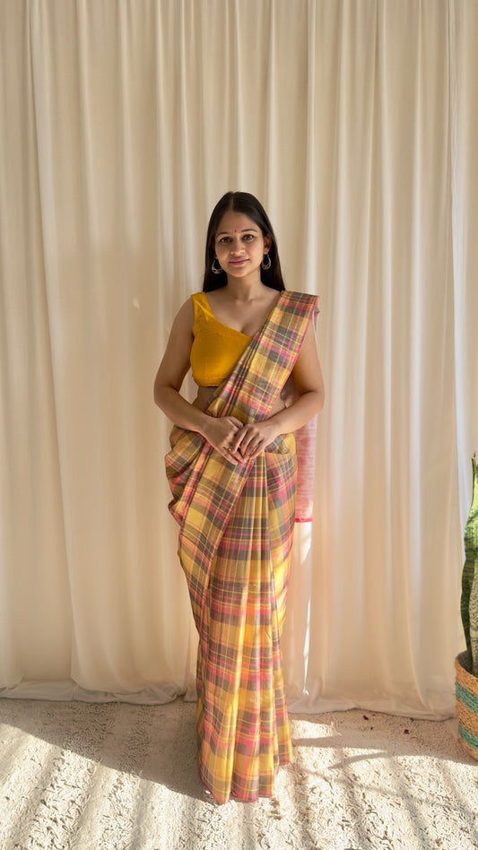 Yellow and pink check saree