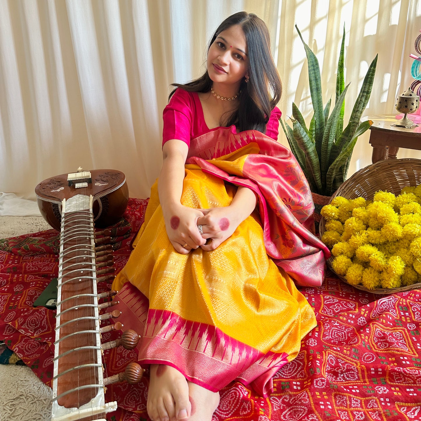 Yellow and pink saree combination