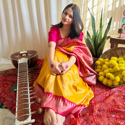 Yellow and pink saree combination