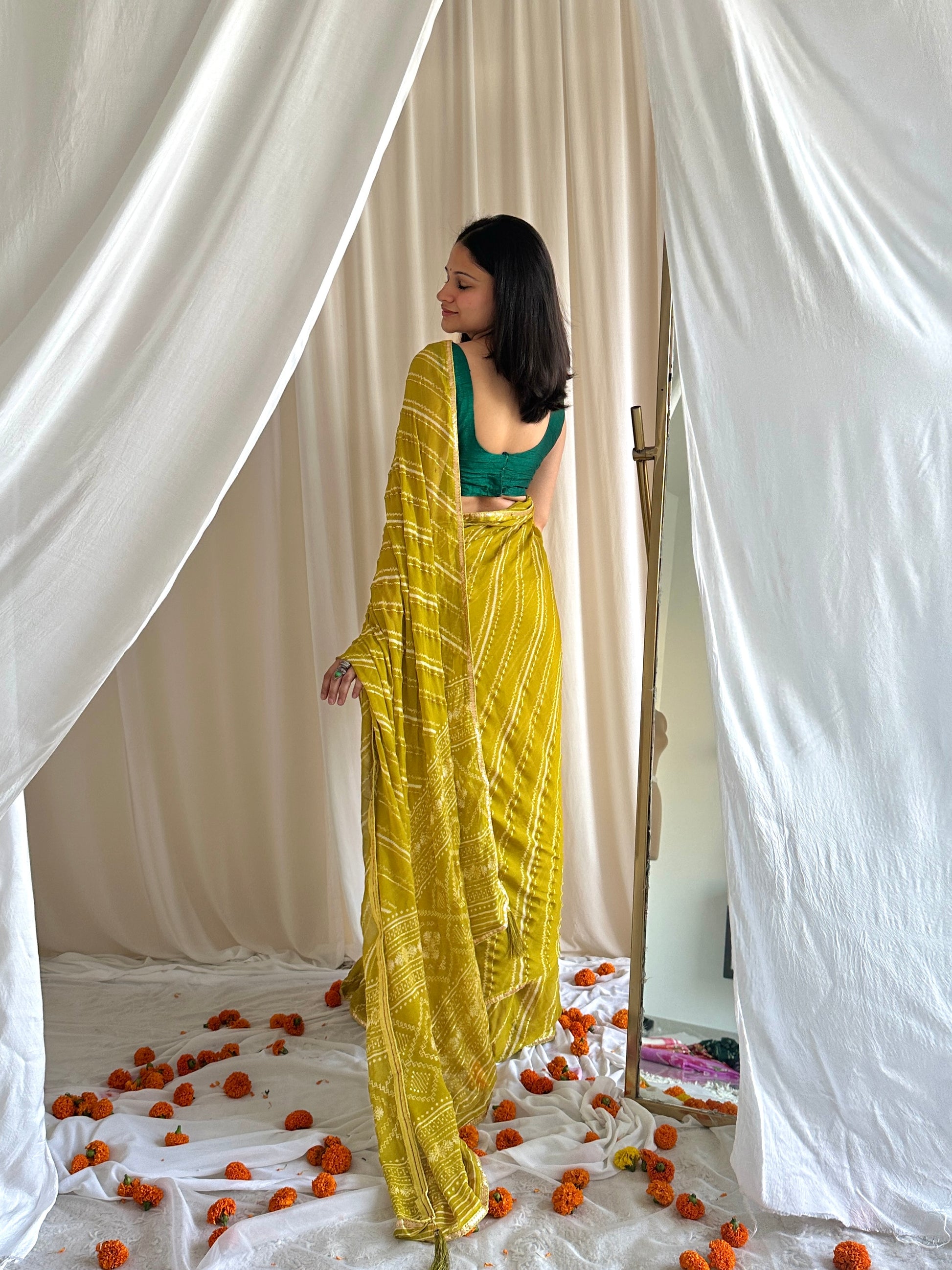 Yellow chiffon saree look