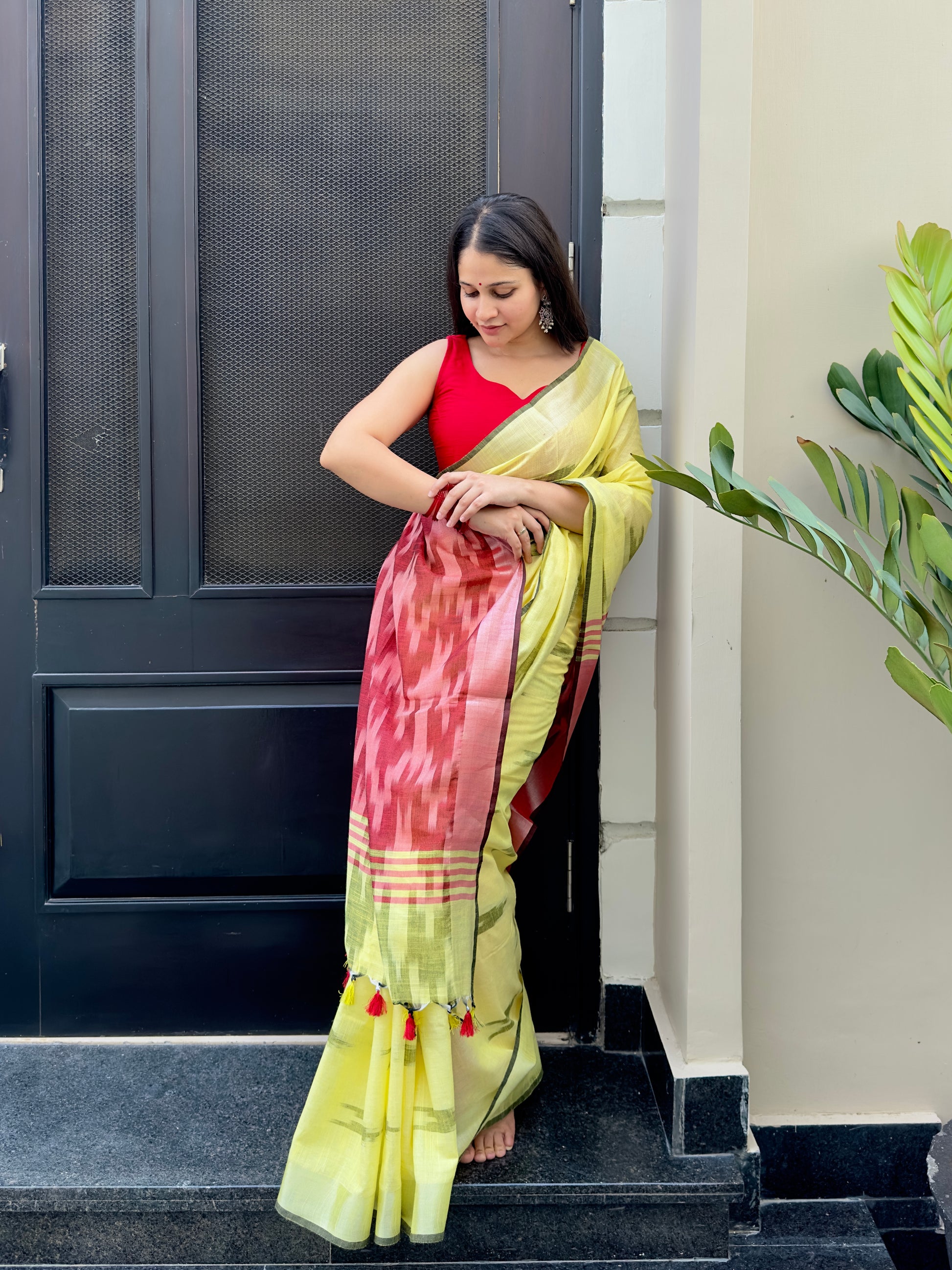 Yellow ikkat saree