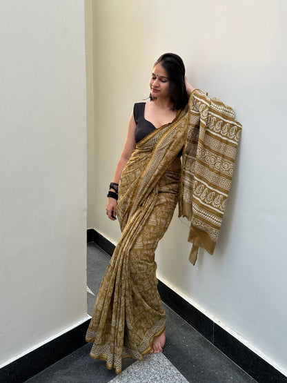 Zari border block printed saree