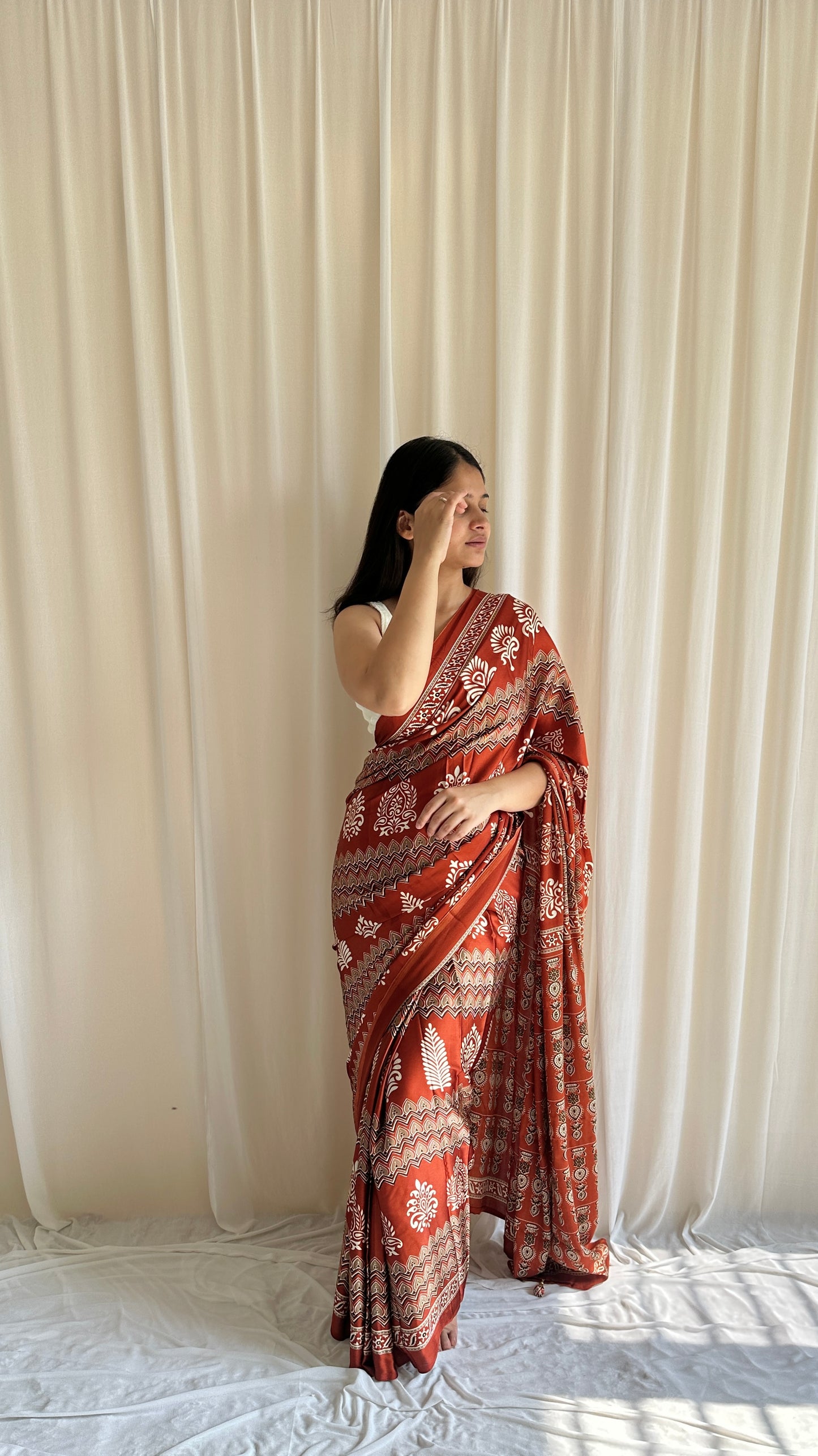 ajrakh print saree in orange