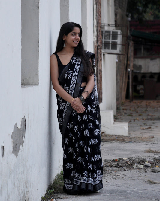 Black Batik elephant Saree 