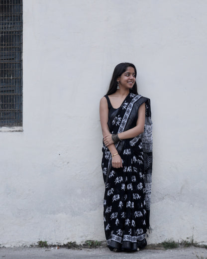Black Batik elephant Saree 