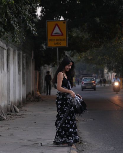 Black Batik elephant Saree 