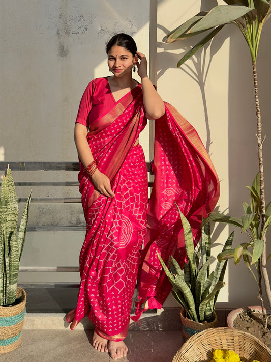 cherry pink bandhej saree 