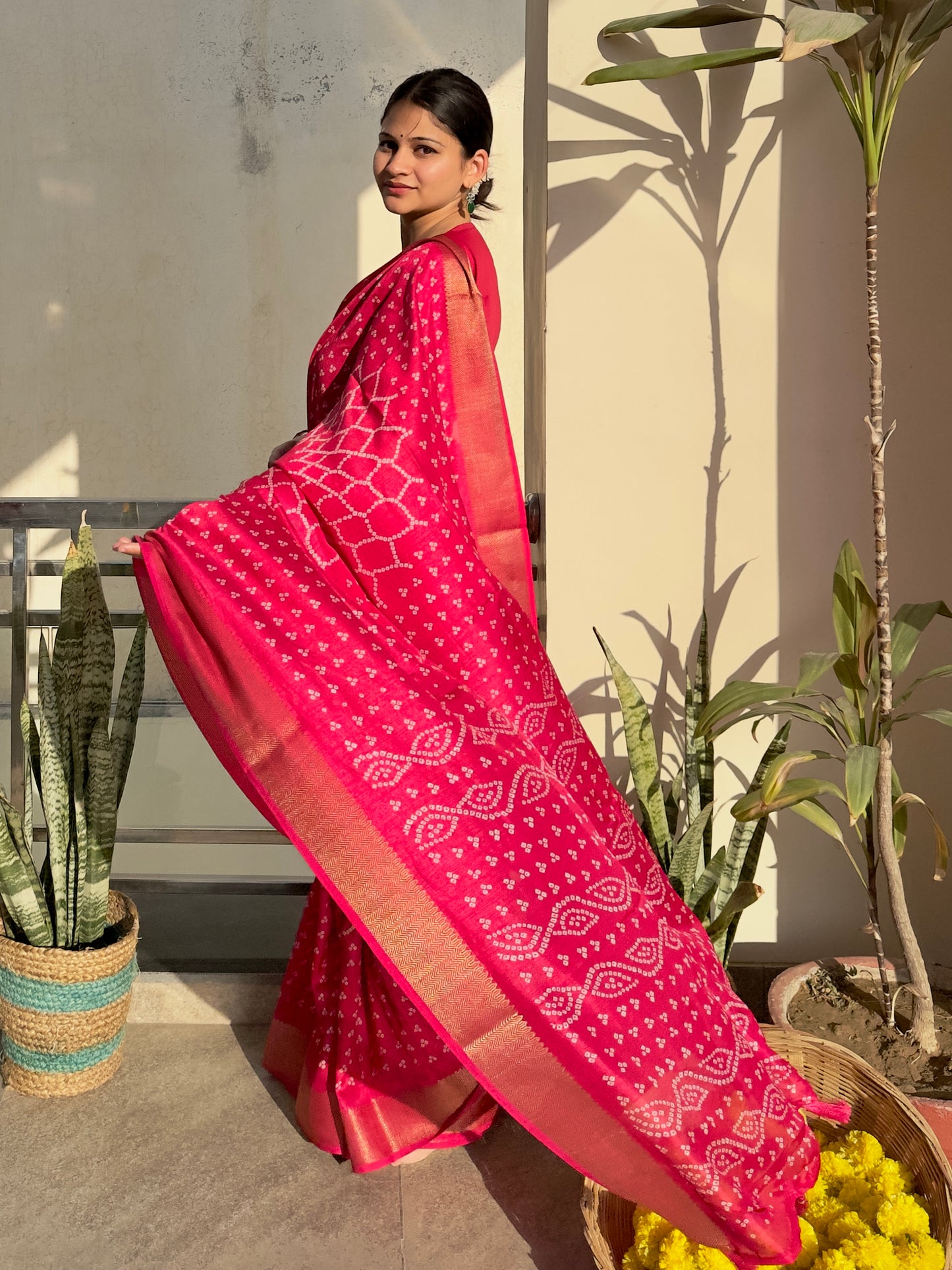 cherry pink bandhej saree 