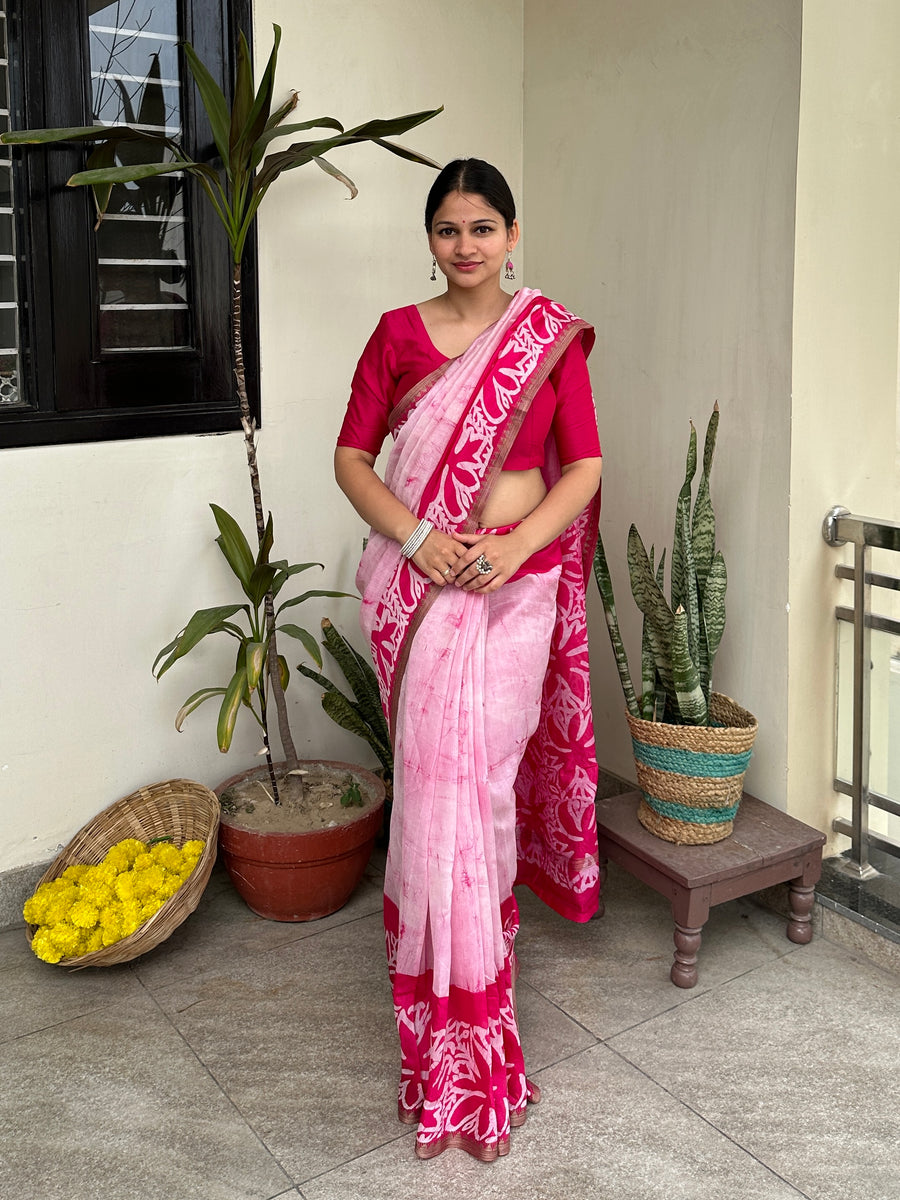 pink batik handwork saree
