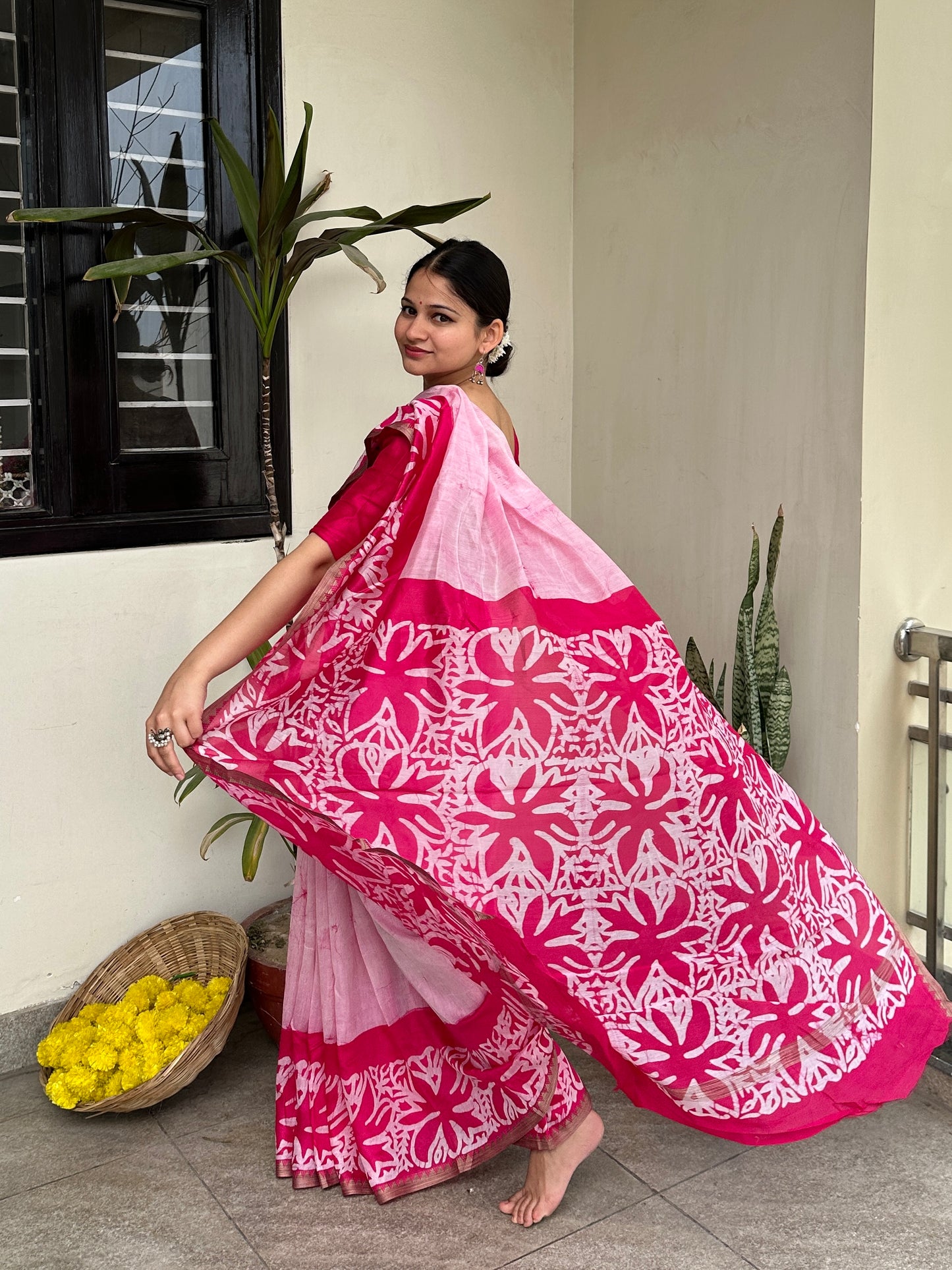 pink batik handwork saree
