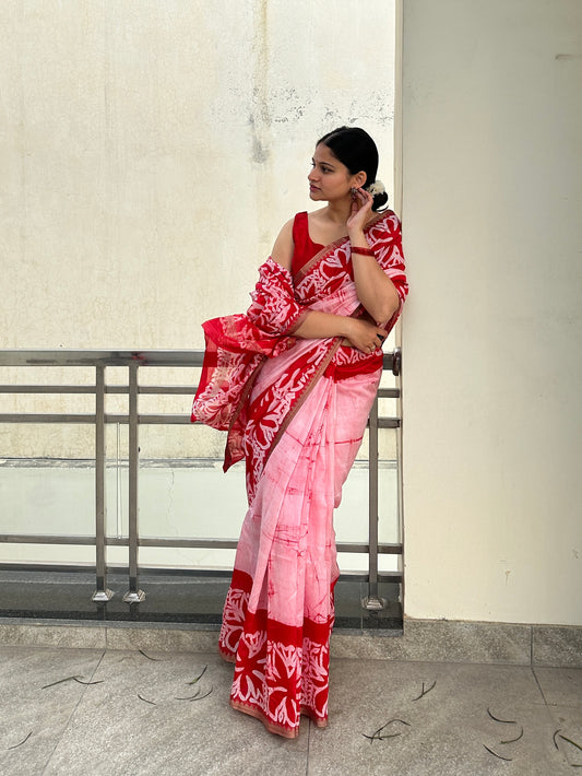 Red Flame Batik Chanderi Silk Saree 